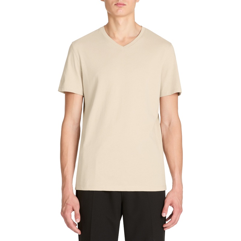 T-Shirt Straight Collar V 100% Cotton - Beige