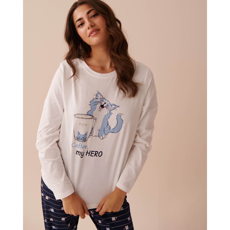 Cat Print Cotton Long Sleeve Shirt