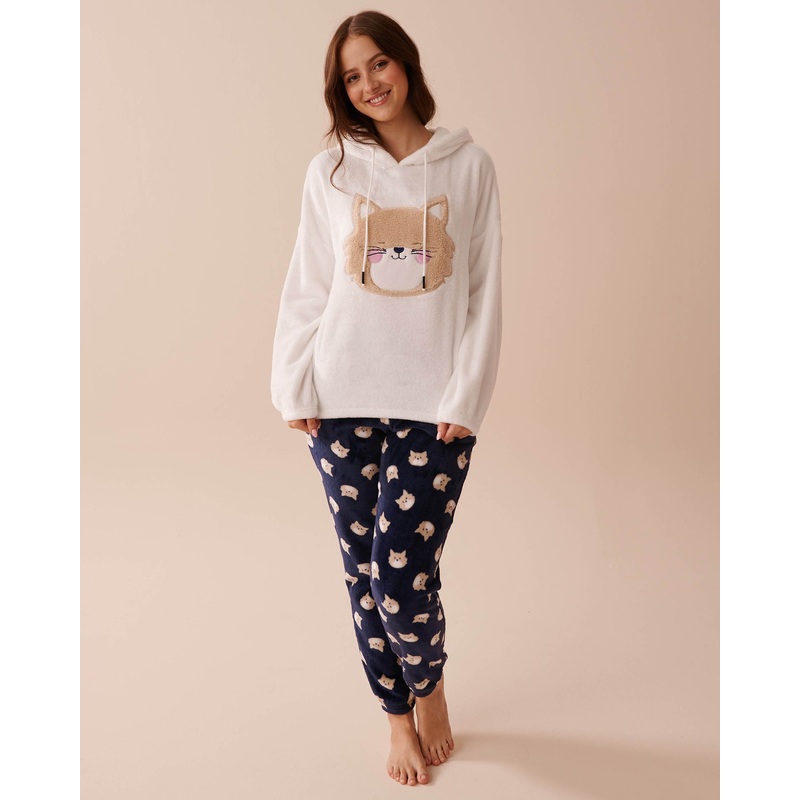 Cat Print Soft Plush Pajama Set