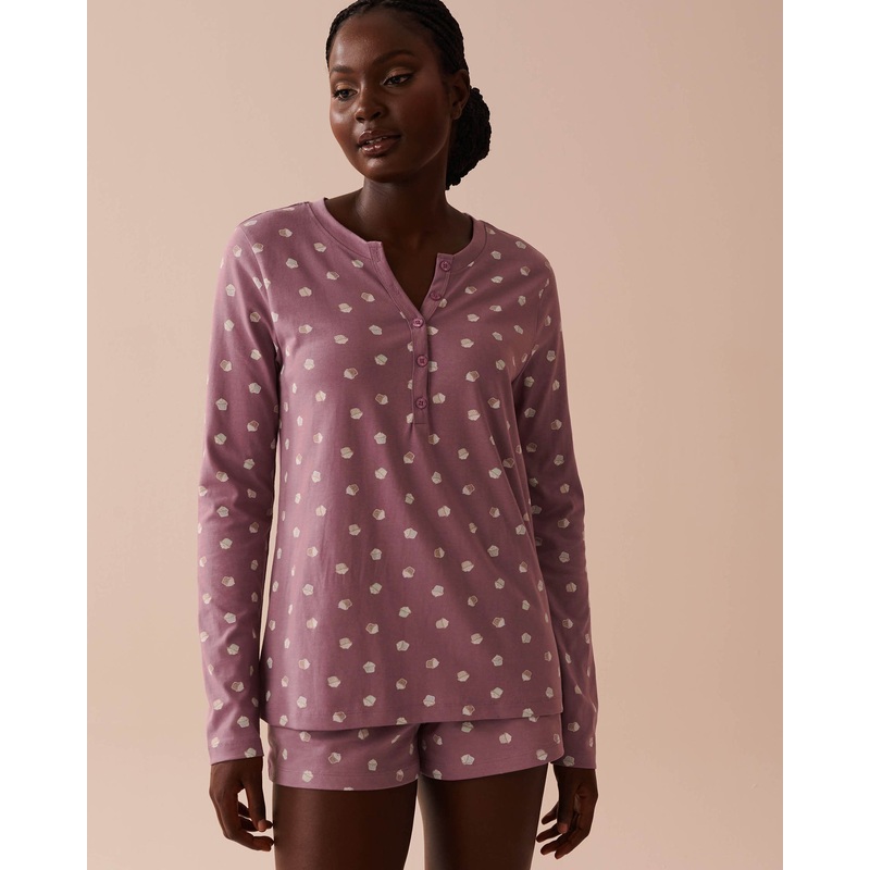 Cupcake Print Cotton Long Sleeve Henley Shirt