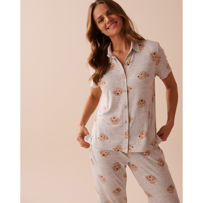 Dog Print Ribbed Jersey Button-Down Shirt