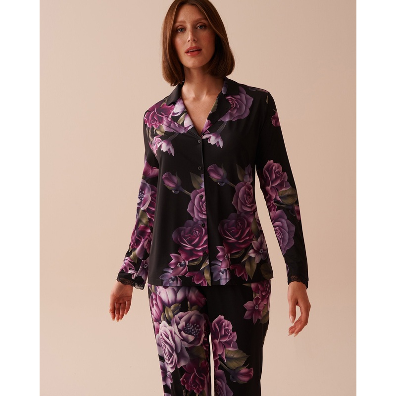 Purple Bouquet Lace Trim Button-Down Shirt
