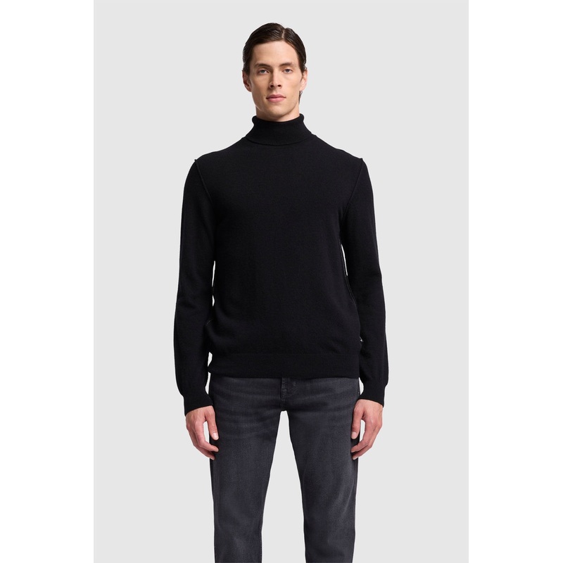 Turtle Neck Knit Cashmere W/ Stitch Detail Black