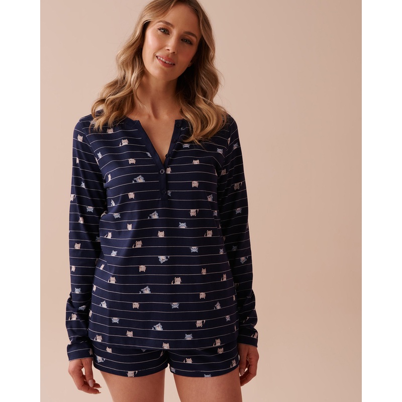 Cat Print Cotton Long Sleeve Henley Shirt