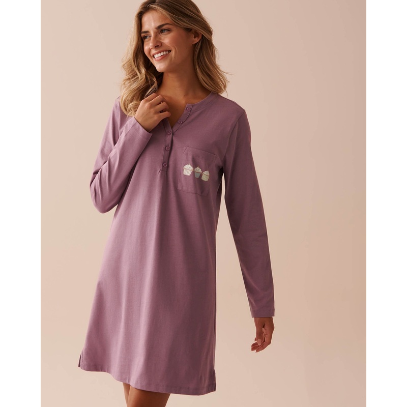Cupcake Print Cotton Long Sleeve Sleepshirt