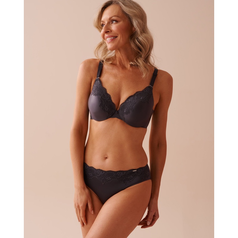 Lightly Lined Sleek Back Shiny Micro and Lace Bra in Different Cup Sizes