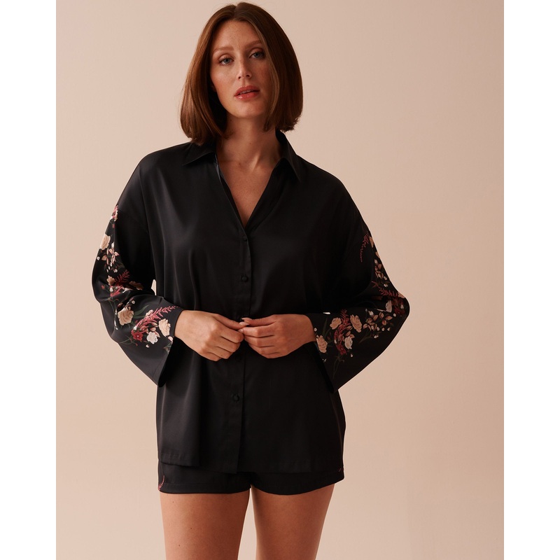 LUXURY EDITION Black Bouquet Satin Button-Down Shirt