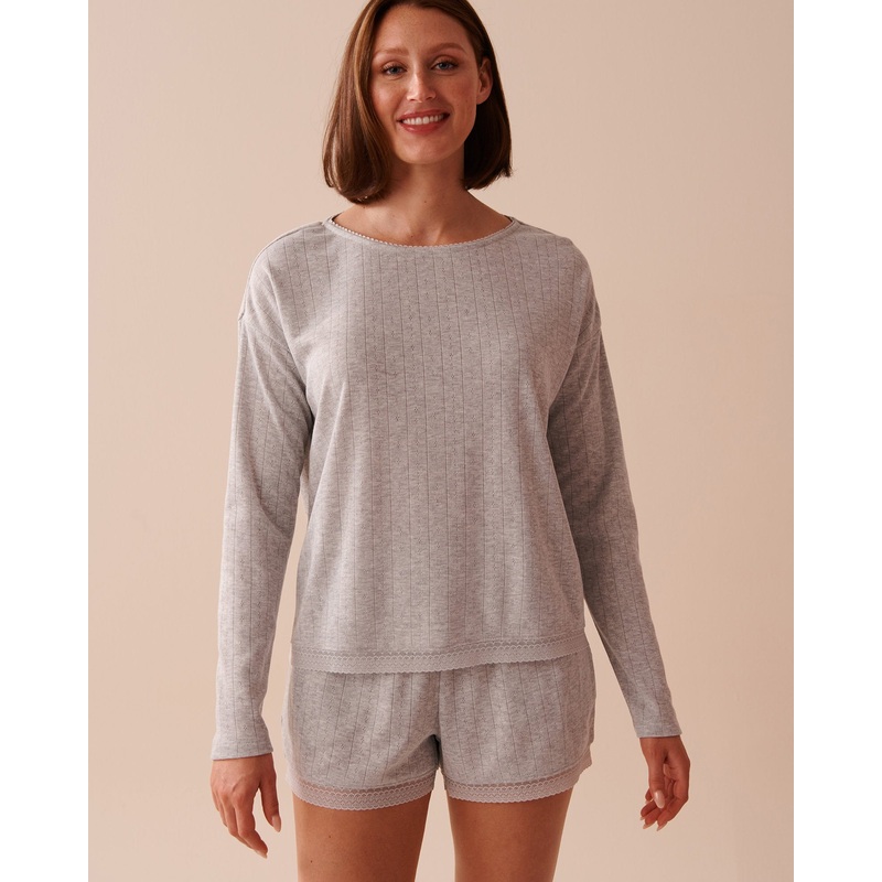 Pointelle Ribbed Wlace T-Shirt Long Sleeve