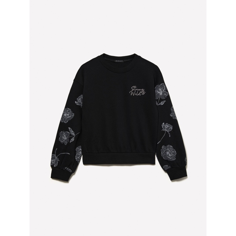 Black Cropped Sweatshirt with Floral Print and Embroidery