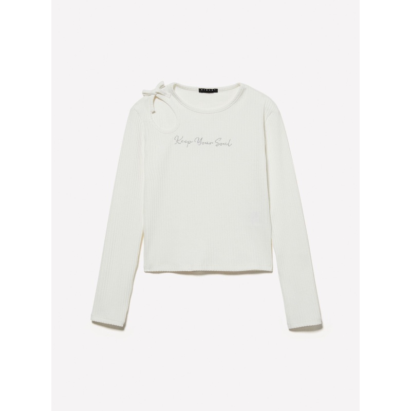 White Ribbed T-Shirt with Embroidery and Cut Out
