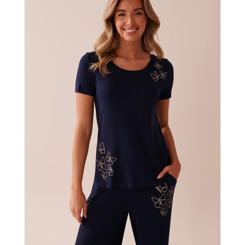 Butterfly Print Soft Jersey Crew Neck T-Shirt