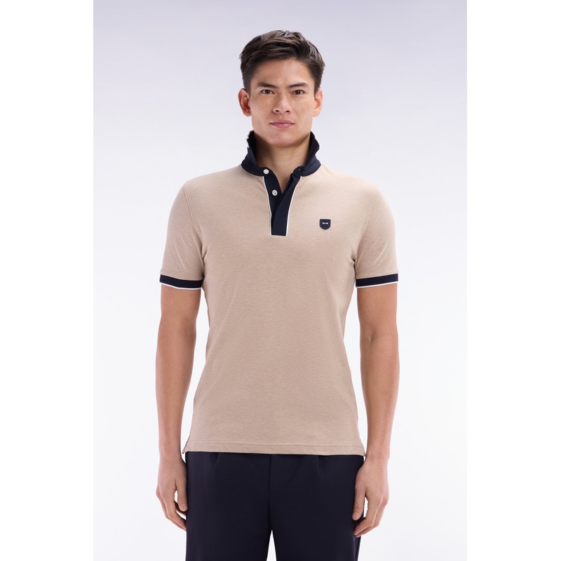 Slim-Fit Plain Short-Sleeved Polo Shirt in Beige Stretch Cotton with Contrasting Piping