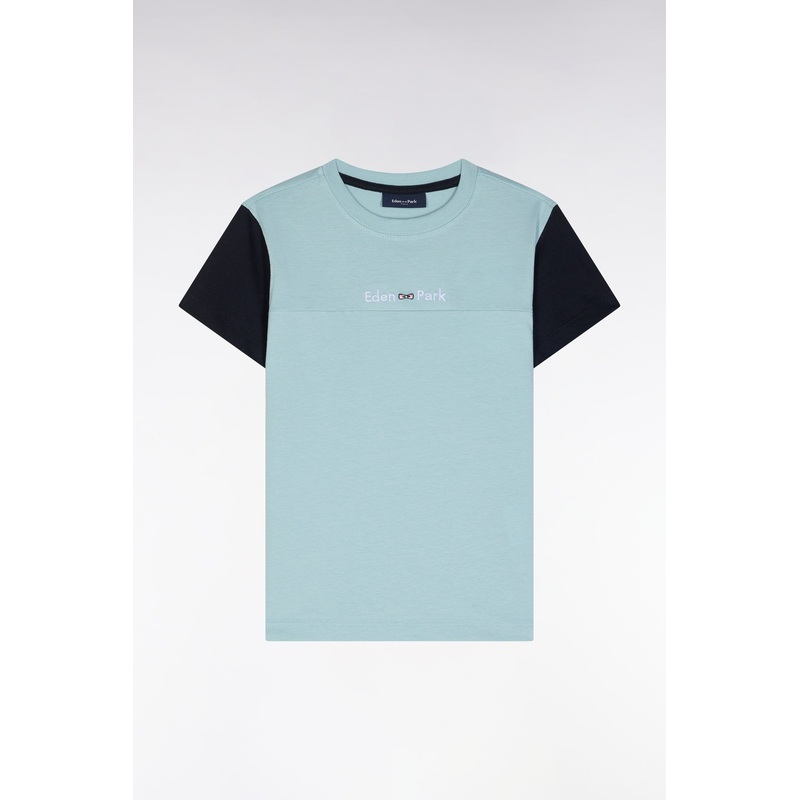 Straight-Fit Sea Green Cotton T-Shirt with Navy Sleeves