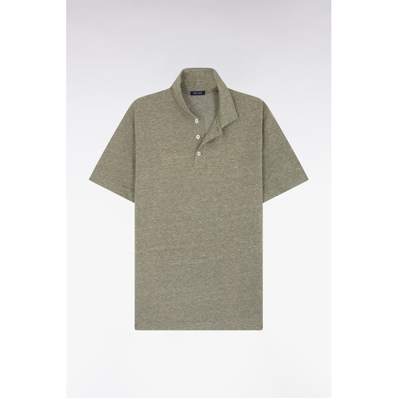 Straight-Fit Short-Sleeved Polo Shirt in Khaki Cotton-Linen Blend