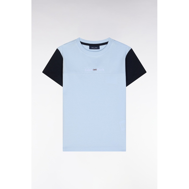 Straight-Fit Sky Blue Cotton T-Shirt with Navy Sleeves