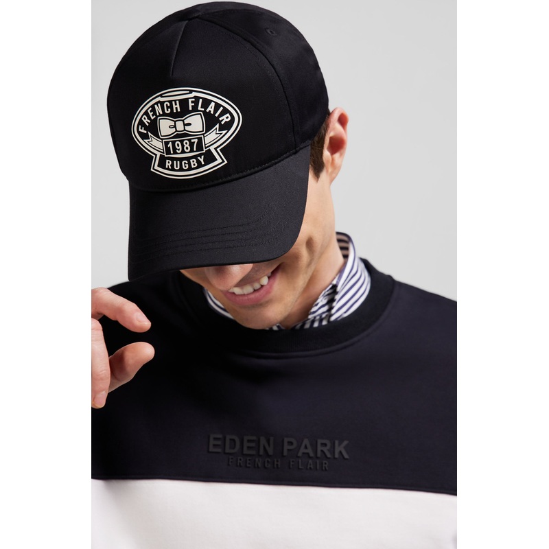 Black Cotton Cap with Ivory Embroidery