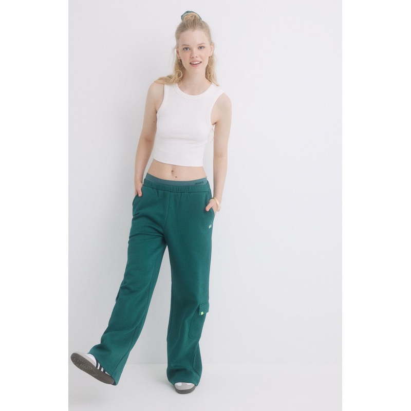 Green Plush Cargo Flat Pants
