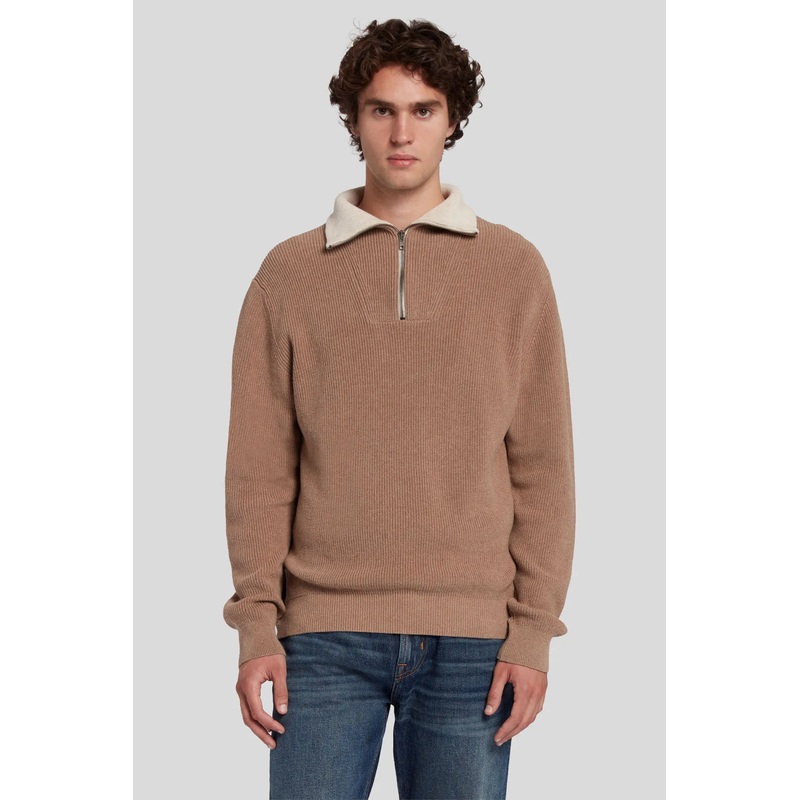Half Zip Mock Neck Cotton Sand