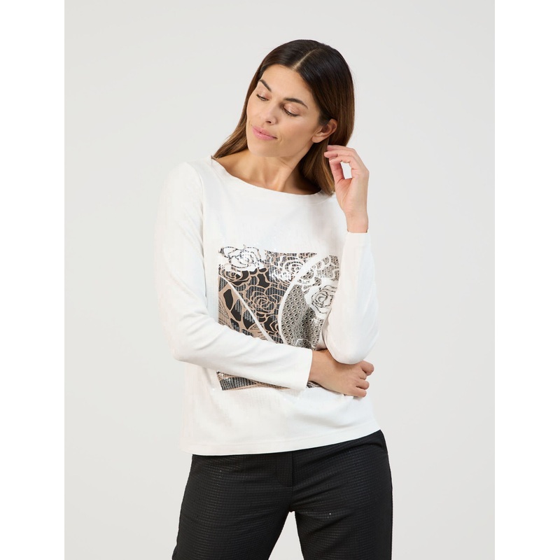 Long Sleeve Shirt with Front Print and Sequins