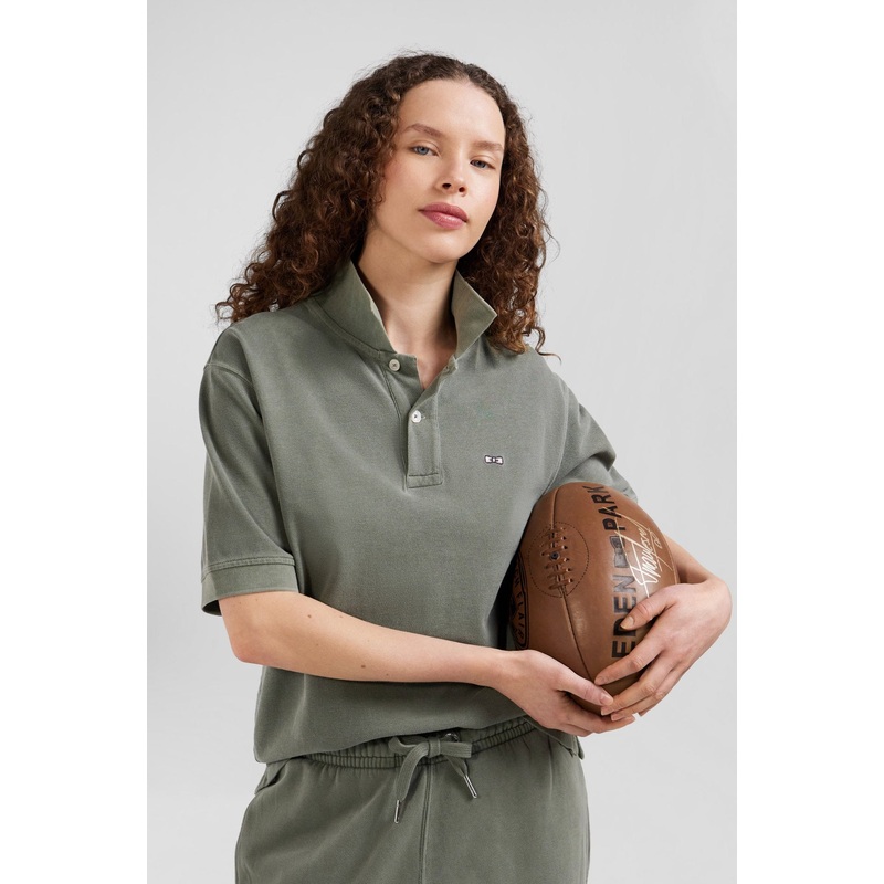 Oversized Khaki Unisex Short-Sleeved Cotton Piqu Polo Shirt