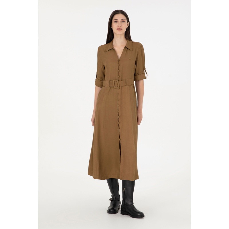 Brown Shirt Style Midi Dress
