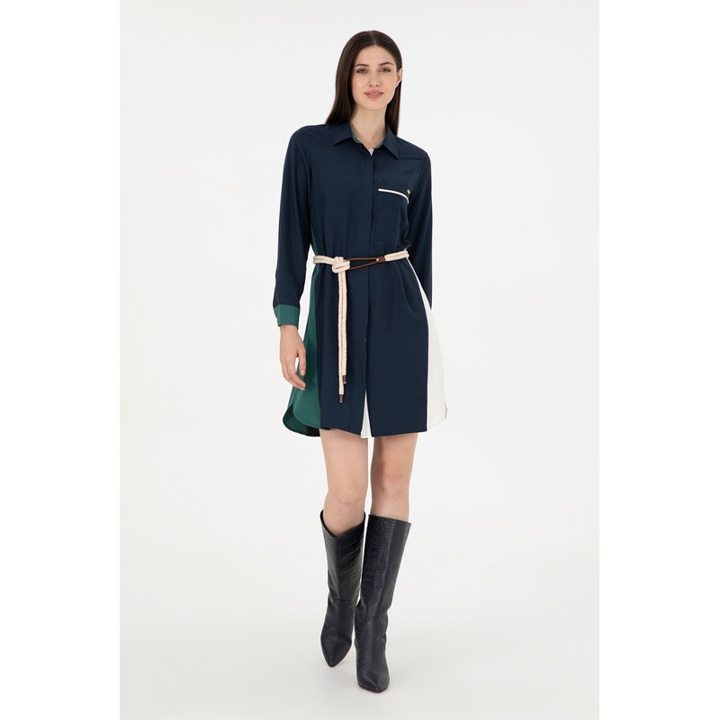 Multi-Color Color-Block Shirt Style Short Dress