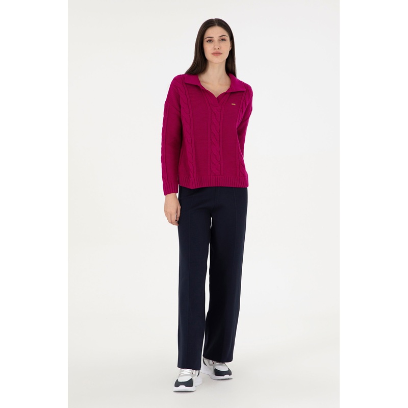 Navy Blue High Waist Slip On Knitted Trousers