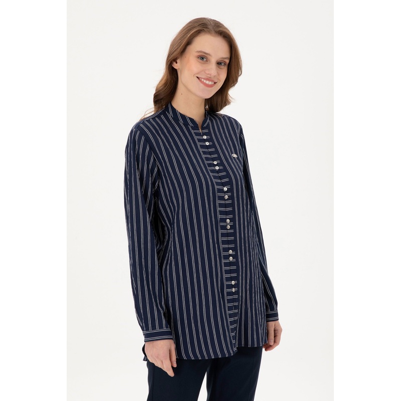 Navy Blue Striped Button Down Woven Shirt