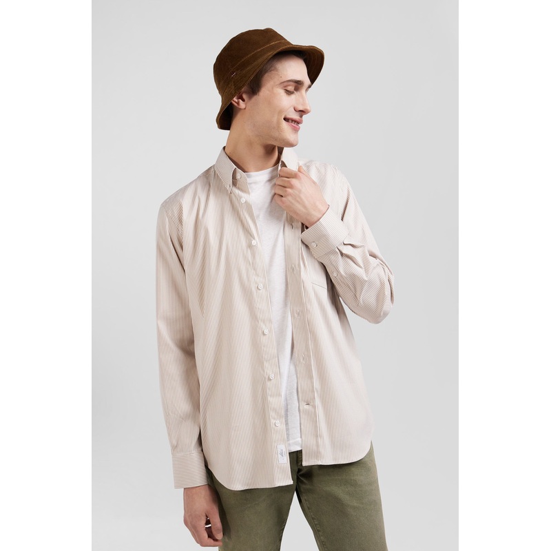 Regular Beige Cotton Poplin Shirt with Baton Stripes