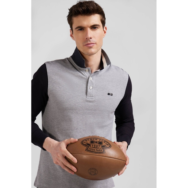 Regular Black Bicolor Long-Sleeved Cotton Piqu Polo Shirt with Jacquard Collar