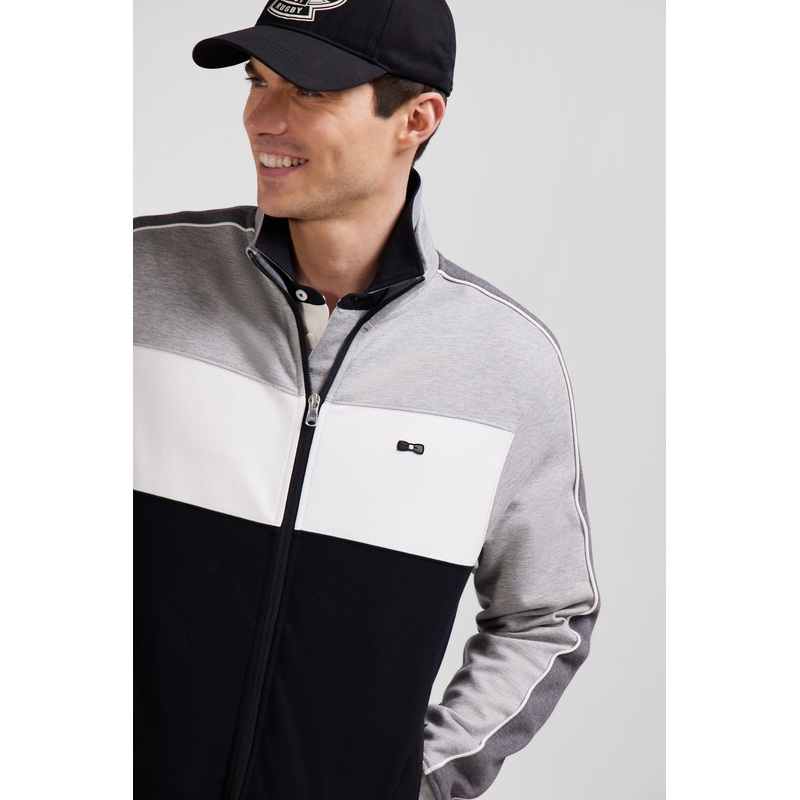 Regular Black Colorblock Zipped Cotton Blend Sweatshirt
