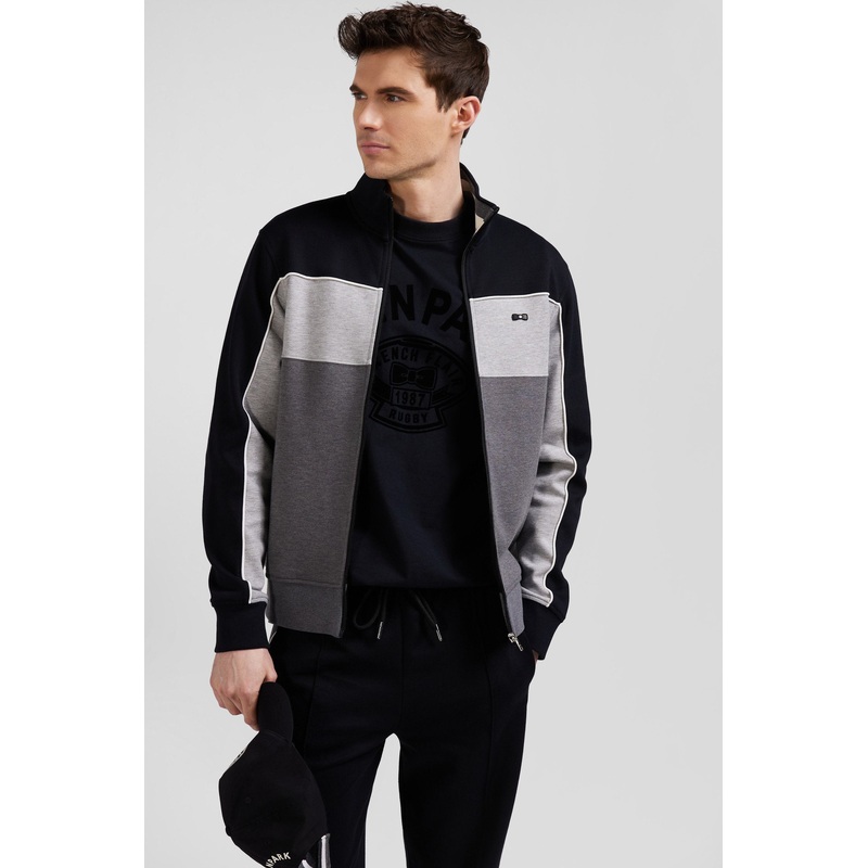 Regular Black Tricolor Zipped Cotton Blend Sweatshirt