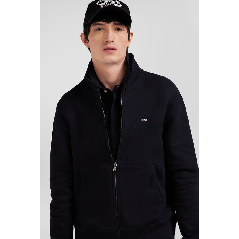 Regular Black Zipped Brushed Cotton Fleece Sweatshirt with High Top Collar