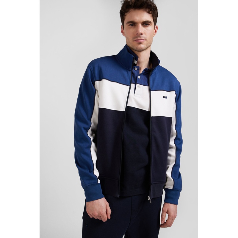Regular Blue Tricolor Zipped Cotton Blend Sweatshirt