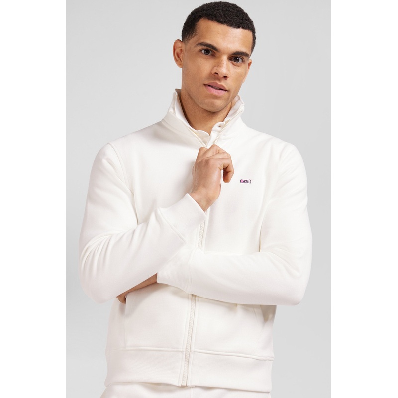 Regular Ecru Zipped Brushed Cotton Fleece Sweatshirt with High Top Collar