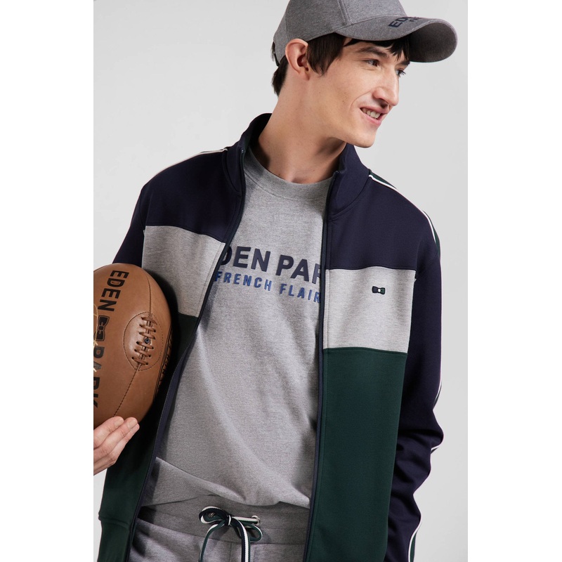 Regular Green Colorblock Zipped Cotton Blend Sweatshirt