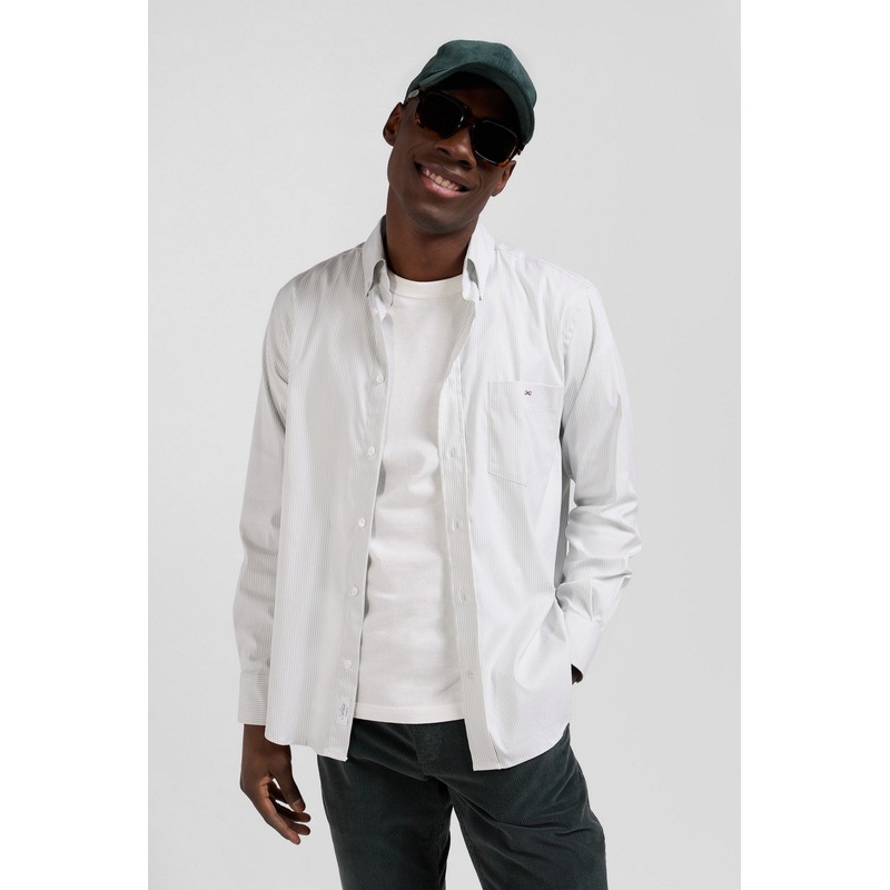 Regular Green Cotton Poplin Shirt with Baton Stripes