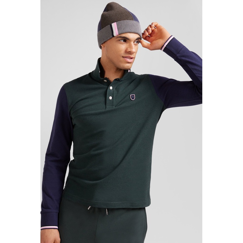 Regular Green Long-Sleeved Cotton Piqu Polo Shirt with Jacquard Collar and Rubber Badge