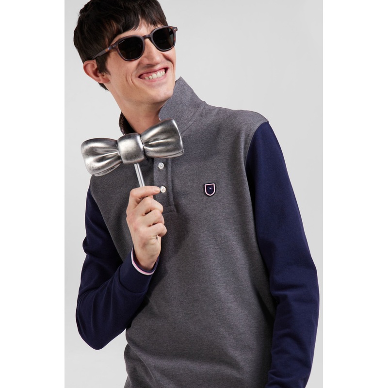 Regular Grey Long-Sleeved Cotton Piqu Polo Shirt with Jacquard Collar and Rubber Badge