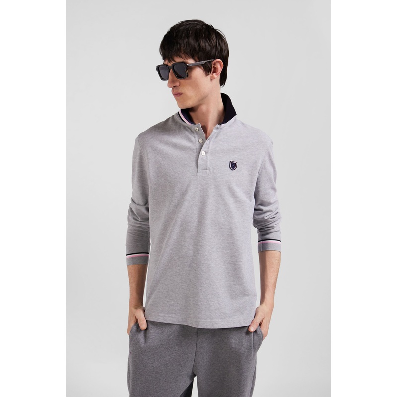 Regular Grey Long-Sleeved Cotton Piqu Polo Shirt with Rubber Badge