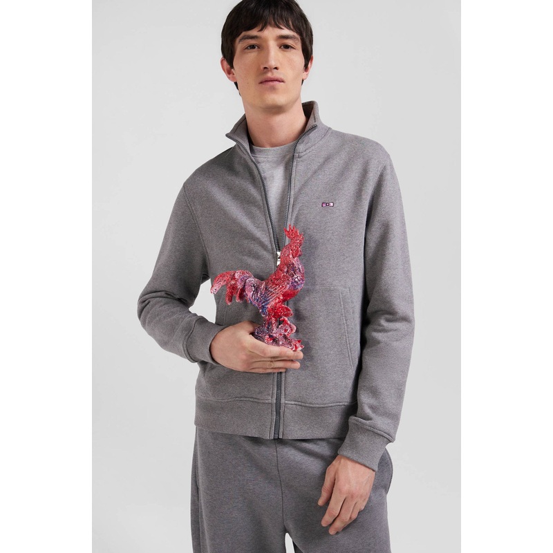 Regular Grey Zipped Brushed Cotton Fleece Sweatshirt with High Top Collar