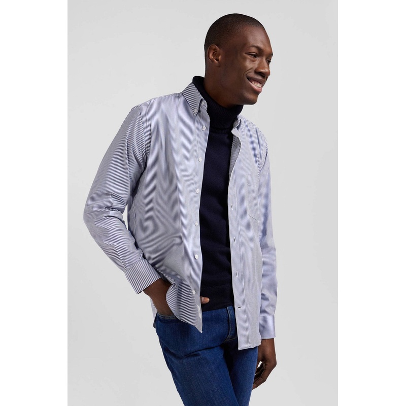 Regular Navy Blue Cotton Poplin Shirt with Baton Stripes