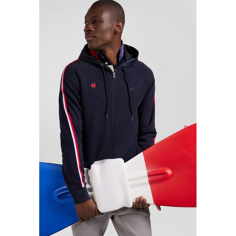 Regular Navy Blue Zipped XV De France Cotton Blend Hoodie