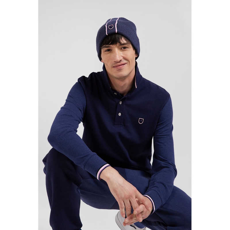 Regular Navy Long-Sleeved Cotton Piqu Polo Shirt with Jacquard Collar and Rubber Badge