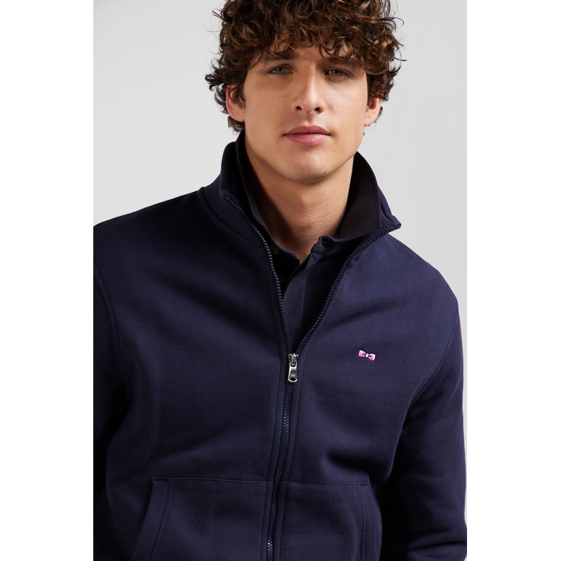 Regular Navy Zipped Brushed Cotton Fleece with High Top Collar