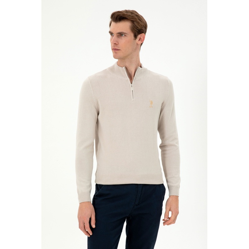 Beige Knitwear Sweater with Zipper