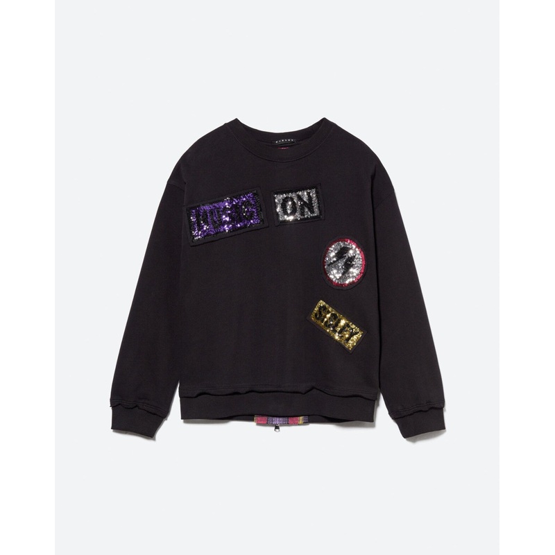 Black Hoodie With Sequins And Check Insert
