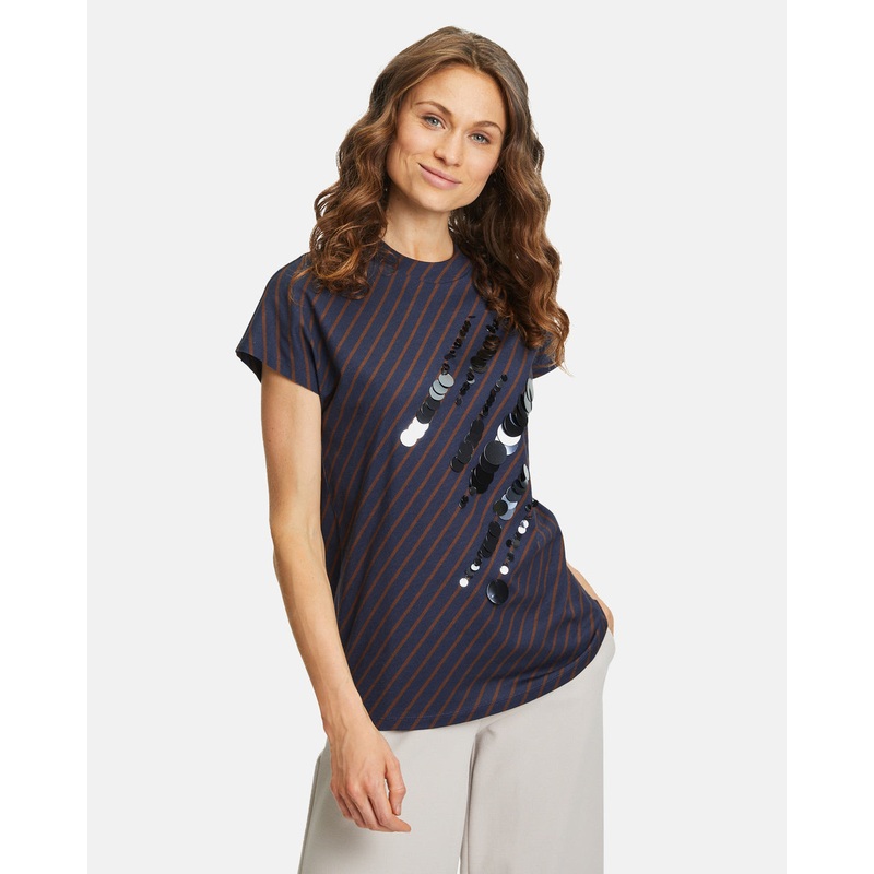 Dark Blue Striped Shirt With Sequins