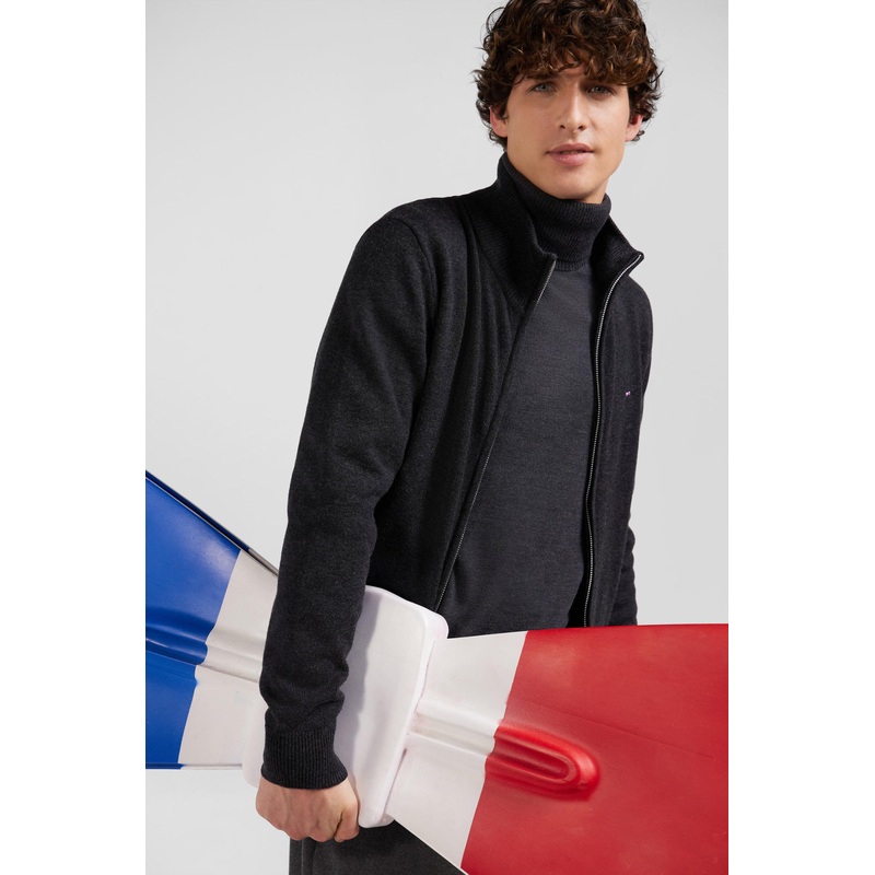 Regular Anthracite Grey Plain Wool and Cotton Zipped Cardigan