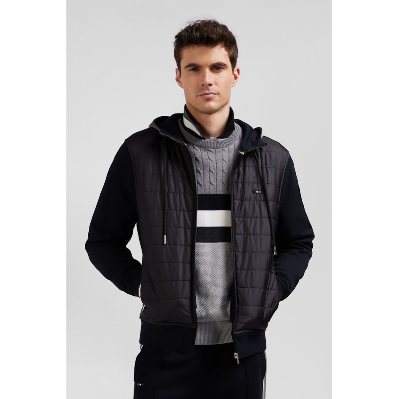 Regular Black Zipped Bi-Material Sweatshirt with Padded Front